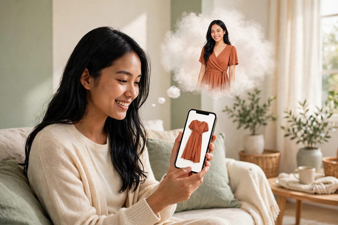 Wanita sedang memilih baju di ponsel sambil membayangkan dirinya memakai dress itu